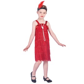 Rabtero Children's Roaring the 20s Fancy Dress Costume, Girls' Flapper Dress with Pearl Necklace and Feather Headband, Gangster Flapper Dress for Girls, Red, X-Large 10-12