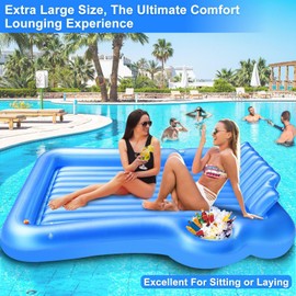 83" x 63" Extra Large Inflatable Tanning Pool Lounger Float with Sprinkler, Pool Floats Adult with Pillow Cooler Tray, 6 in 1 Suntan Tub Raft Floatie Sunbathing Bed Water Summer Backyard Fun XL-Blue