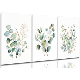 Framed Botanical Wall Art Set of 3 Sage Green Floral Canvas Prints Boho Watercolor Plants Painting Eucalyptus Leaf Pictures Minimalist Modern Home Decor for Living Room Bedroom Bathroom 12x16in