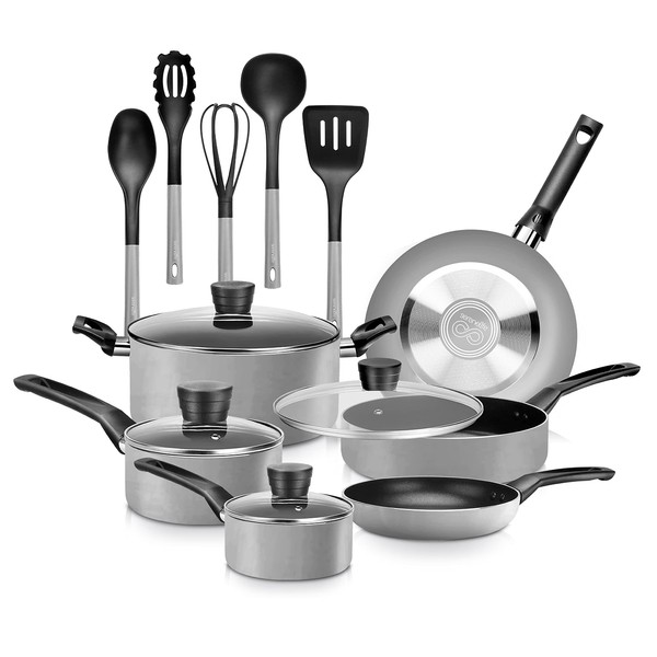 SereneLife Kitchenware Pots & Pans Basic Kitchen Cookware, Black Non-Stick Coating Inside, Heat Resistant Lacquer (15-Piece Set), One Size, Gray