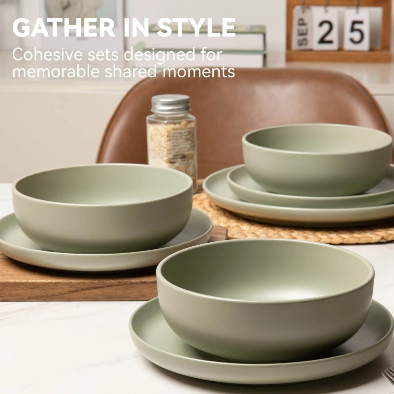 12-Piece Green-Stone Microwave & Dishwasher Safe Stoneware Dinnerware Set Non-Toxic