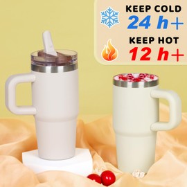 Tswofia 14 oz Tumbler for kids with Detachable Flip Straw Lid and handle, 100% Leak Proof 14 oz mini cup, Stainless Steel Vacuum Insulated Tumbler, Wide Mouth Easy to Clean, Keep Cold or Hot (Cream)