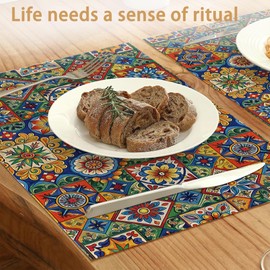 Mexican Tile Placemats Set of 6,Geometric Floral Table Mates Non-Slip Heat Resistant Washable Linen Place Mats for Party Kitchen Dining Decoration Indoor Outdoor 12"x18"