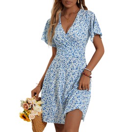 FENSACE Womens Outfits V Neck Brunch Country Plus Size Summer Dresses(White Blue Floral-63,X-Large)