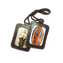 Scapular of The Sacred Heart of Jesus, Sacred Virgin of Carmen, Sacred Virgin of Guadalupe & St. Michael Arcangel. Leather Finish Handmade. 7cm x 9cm by Zaraleas (Brown)