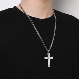 HZMAN Silver Cross Necklace for Men Stainless Steel High Polished Double Layer Cross Necklace Pendant Christian Jewelry Gift with 24Inch Cuban Chain