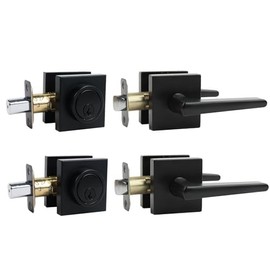 ZEVAWAY Front Door Handle and deadbolt Set,Passage Door Lever with Single Cylinder Deadbolt Lock Set, Square Heavy Duty Door Handle with Dead Bolt Locks for Exterior Doors(Matte Black,2pack)