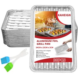 KAHEIGN 30Pcs Disposable Barbecue Trays, 34CM x 23CM x 3CM Aluminum Foil Perforated Trays Barbecue Grilling Container Plate with Holes and Ribbed Bottom for Oven Charcoal BBQ Roast Grilling Baking