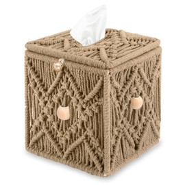 KaloKalo Handmade Tissue Box Cover Decorative Macrame Boho Square Tissue Holder Cotton Rope Woven Napkin Facial Paper Organizer Bohemian Desk Storage Container with Buckle Wood Beads (Khaki)