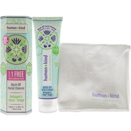 Human+Kind Limpiador facial Wash-Off - Fórmula todo en uno probada por dermatólogos - Limpia, desmaquilla y exfolia - Cuidado de la piel natural - Sin crueldad - Sin parabenos - 100 ml.