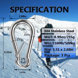 Large Spring Snap Hooks, 304 Stainless Steel Carabiner Clip Heavy Duty Rope Connector Link Buckle 1/2 3/8 Clip for Gym Equipment Hammock Swing (5.5inch(M12)-3Pcs)