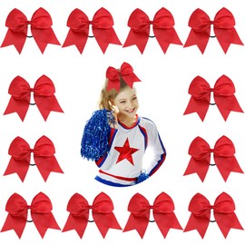DEEKA 12PCS 8" Large Cheer Hair Bows Ponytail Holder Handmade for Teen Girls Softball Cheerleader Sports-Red
