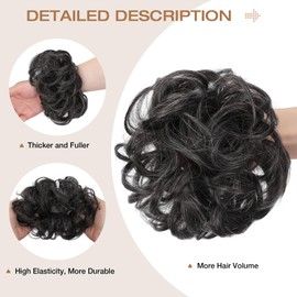 Soulwigger Messy Bun Hair Piece Wavy Curly Scrunchies Fluffy Donut Thick Updo Elegant Chignon Hairpieces for Women Girls, Dark Brown Mix White 1.4oz