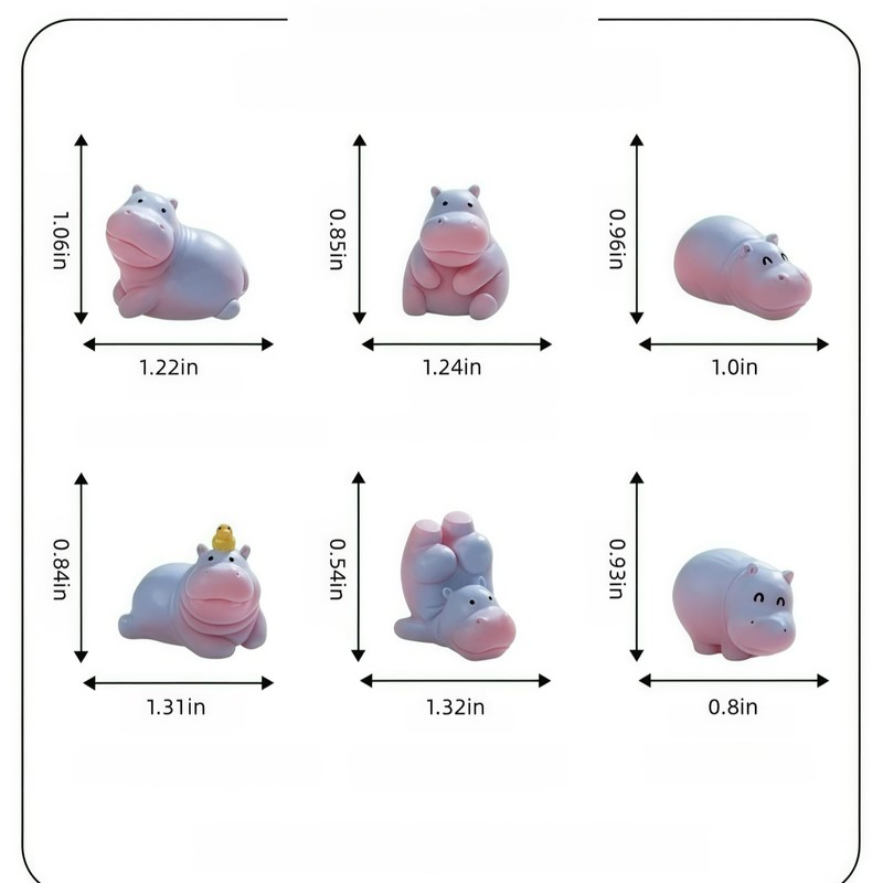 6Pcs Mini Hippopotamus Car Dashboard Figurines Self-Adhesive Cute Animal Decorations