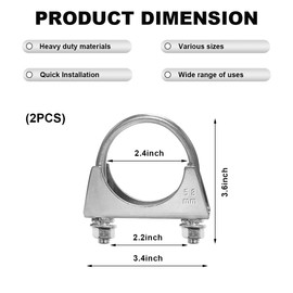 JUSTTOP 2PCS 2.25" Heavy Duty Exhaust U Clamps, 58mm Carbon Steel U-Bolt Exhaust Clamps with Saddle Flange, Car Muffler U Bolt Silencer Exhaust Clip Fit 2-1/4" OD Exhaust Pipe