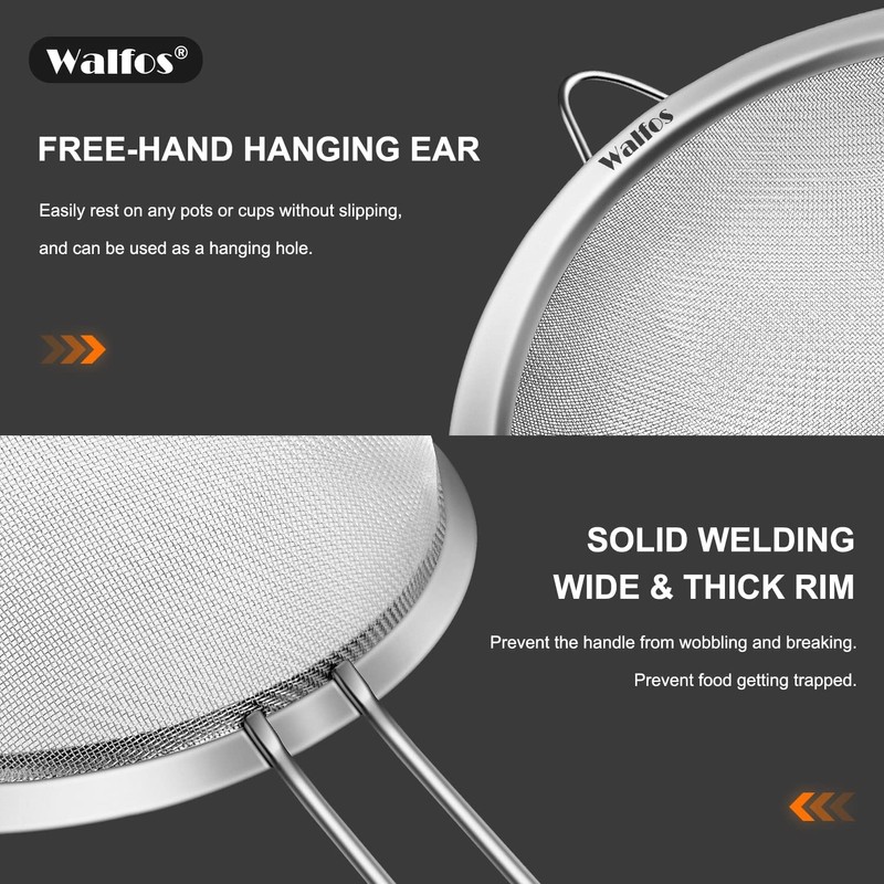 Walfos Fine Mesh Strainer 4PCS, Versatile Kitchen Strainer with Handle