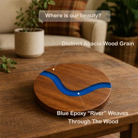 chicapica 6packs Round Acacia Wood Resin Coaster Set，Wooden Absorbent Drink Coaster Set,Natural Wood Epoxy Resin Coasters for Coffee Table, 4 x 4 Inch,Set of 6
