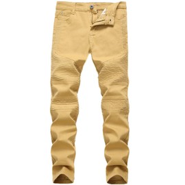 Boy's Khaki Stylish Moto Biker Skinny Ripped Wrinkled Stretch Fit Denim Jeans 8