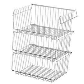 blitzlabs Wire Storage Basket Stackable Organizer Storage Baskets Bins Sturdy Metal Organization with Handles for Pantry, Kitchen, Closets, Bathroom, Cabinets, Kitchen, Set of 3