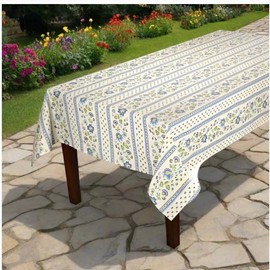 Le Cluny, Fayence Blue and Creamy White French Provence Coated Cotton Tablecloth, 100 Percent Cotton, 60 Inches x 84 Inches