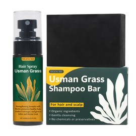 Natural Usman Shampoo Bar + Spray Set, Usma Grass Black Soap for Women and Men Gray Hair Reverse, Hair Thickening & Darkening Liquid Mist, Cover Grey Reducing Thinning Hair Loss Scalp Care Serum