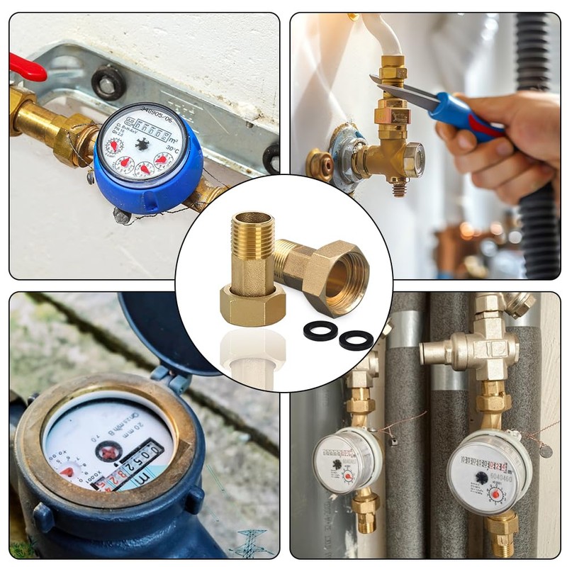 Pack of 2 Brass Water Meter Screw Connection, 3/4 Inch