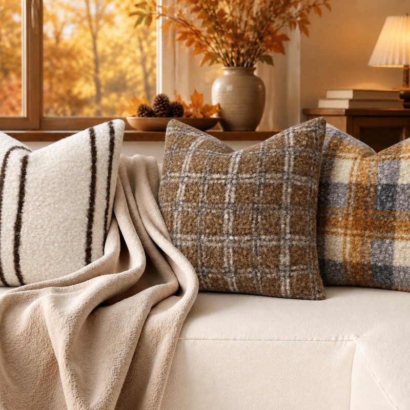 Faux Fur Plaid Throw Pillow Covers 18X18 Set of 2