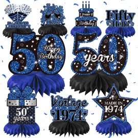 9PCS Blue Black 50th Birthday Decorations Vintage 50th Birthday Honeycomb Centerpieces, Blue Black Happy 50th Birthday Table Toppers Centerpieces for Men Women Vintage 1974 Birthday Party Decorations