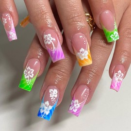French Tip Press on Nails Long Square False Nails with Colorful Wave Design,White Flower False Nails Gel Glue on Nails Manicure Art Acrylic Medium Almond Fake Nails Stick on Nails for Women 24Pcs