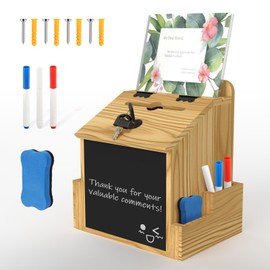 Wooden Suggestion Box with Slot and Lock, Wooden Tip Donation Box for Savings Fundraising, Tabletop Wall Mounted Prayer Box for Church, Wedding with Blackboard Eraser and Erasable Pen