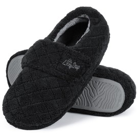 LazyStep Women's Nana Adjustable Slippers with Wide Width, Soft Curly Memory Foam Loafer Closed Back Slippers for Ladies Indoor (Black, Size 7-8)