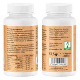 MADENA EnzyVital Enzym Komplex zur Unterstützung der Verdauung, 90 Kapseln mit hochdosiertem Bromelain, Papain, Lipase, Amylase, Lactase, Rutin & Calcium, vegan