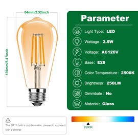 ProCrus ST19 Vintage LED Edison Light Bulbs,E26 Led Bulb 25W Equivalent,ST64 Vintage LED Filament Bulbs,2.5W Warm White 2500K,250LM,Amber Glass,Non-Dimmable,3 Pack