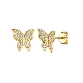 Silvora S925 Silver Gold Plated Full Zircon Butterfly Stud Earrings - Stunning Gold Butterfly Earrings for Women