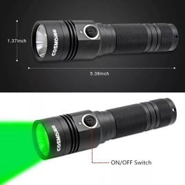 cosmoing Green LED flashlight Rechargeable, IP65 Waterproof Torch (Battery NOT Include)