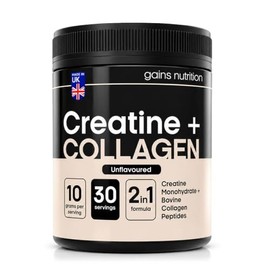 GN Creatine Monohydrate and Hydrolysed Bovine Collagen Peptides Powder, Unflavoured, 5g Creatine + 5g Collagen per Serving, 30 Servings, for Strength, Recovery and Joint Support
