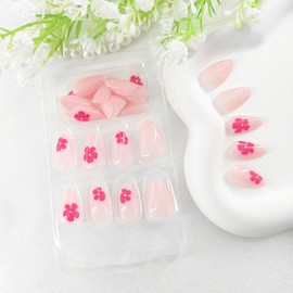 Acrylic Press on Nails Almond Fake Nails Short Nude Glue on Nails Glossy Stick on Nails with Red Flower Glitter Designs 30Pcs Full Cover Nail Press ons Artificial Nails for Girls
