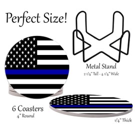 Thin Blue Line Police Officers Round Coasters Set of 6 - Abosrbent Ceramic with Metal Stand for Drinks, Coffee, Non-Slip Cork Back for Tabletop Protection, 4 Inches
