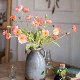 DUYONE Artificial Flowers 6 Stems Poppy Silk Bouquet,for Wedding, Home, Party Decoration,Table Centerpiece Arrangement(Orange Pink 6pcs)