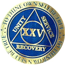 25 Year AA Medallion Reflex Blue Color Glossy Gold Plated Sobriety Chip Serenity Prayer Back