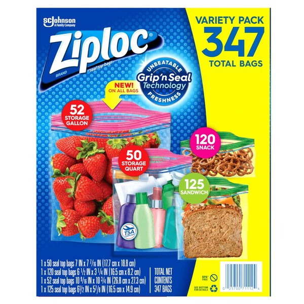 Ziploc Bags 52 Gallon, 50 Quart, 120 Snack, 125 Sandwich (347 Count)