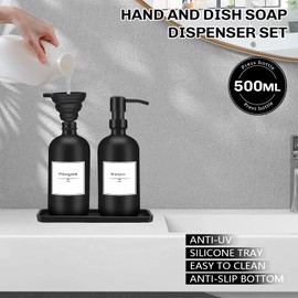 Glas Seifenspender Set,Gcstnn 500ml*2 Spülmittelspender Badezimmer Set mit Silikontablett und Trichter,Nachfüllbare Pumpspender,Shampoo Lotion Handseifenspender für Küche Bad Arbeitsplatte(Schwarz)