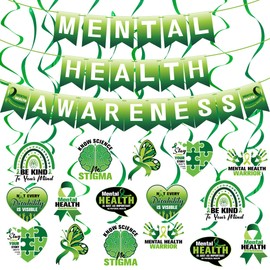 AmazingSpark 35 Pcs Mental Health Awareness Decorations Motivational Mental Health Awareness Banner Mental Health Month Green Ribbon Hanging Swirls Set for Office Charity Party Favor Supplies
