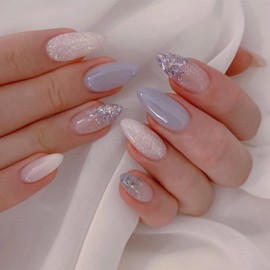 IMRAIN Press on Nails Medium Almond Fake Nails Blue Glitter Glossy Glue on Nails Full Cover White Acrylic Stiletto False Nails with Bling