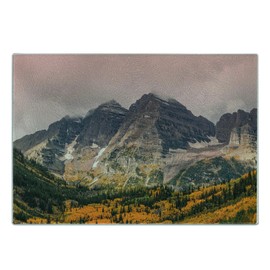 Ambesonne Fall Cutting Board, Idyllic Mountain Snowy Peaks and Clouds in the Sky on High Valley Print, Decorative Tempered Glass Cutting and Serving Board, Small Size, Multicolor