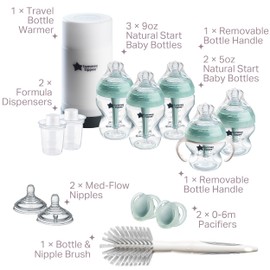 Tommee Tippee Advanced Anti-Colic 14 Piece Baby Bottle, Travel Bottle Warmer & Pacifier Set, 5 BPA Free Bottles, 0+ Months, 2 Newborn Pacifiers, 2 Extra Nipples, Cleaning Brush, Bottle Handles