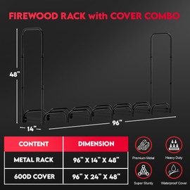 Zettum 8ft Firewood Log Rack - Outdoor Wood Stand Holder, Heavy Duty Metal Fire Wood Pile Organizer with Cover for Fireplace Storage (96 x 14 x 48 Inch)