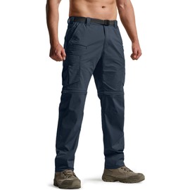 CQR Men's Convertible Cargo Tactical Pants, Water Resistant Outdoor Hiking Pants, Zip Off Lightweight Stretch Work Pants, Runyon Cargo with Belt Navy, 34W x 34L