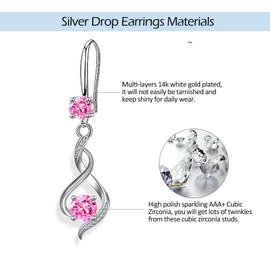 CERSLIMO Silver Drop Earrings for Women - Sterling Silver Dangle Earrings with Cubic Zirconia, Linear Twisted Hypoallergenic Dangly Earring for Girls | Jewellery Birthday Christmas Gifts, Pink