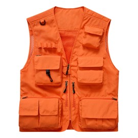 Flygo Men's Casual Lightweight Outdoor Fishing Work Safari Travel Photo Cargo Vest Jacket Multi Pockets(Medium, Orange)